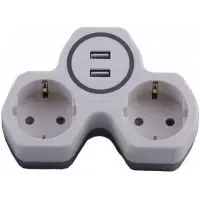 Тройник с зазeмлением 2 гнезда 16A белый/серый Китай Feron +2USB (ADP16-14-20)