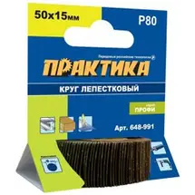 Круг лепестковый веерный с оправкой 50х15мм, P 80, хвостовик 6 мм, серия Профи, ПРАКТИКА