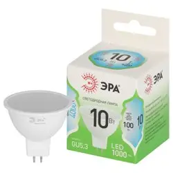 Лампа светодиодная 10Вт GU5.3 (MR16) 220В 4000K 1000Лм (яркий белый свет) ЭРА ,GREEN LINE LED MR16-10W-840-GU5.3 GL